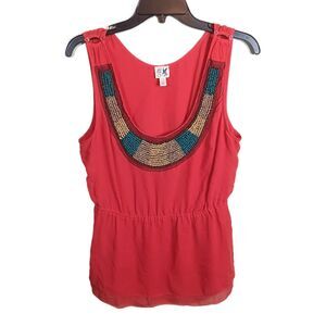 Anthropologie Edme & Esyllte Beaded Tank Top Womens 10 Coral 100% Silk Boho